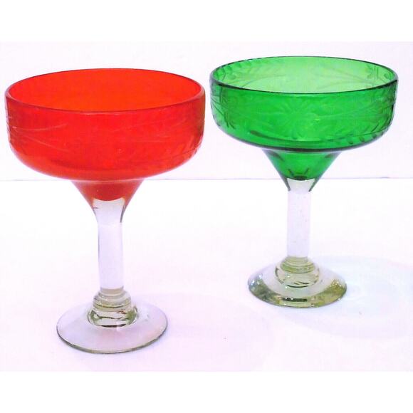 Set (2) Artisan Hand Blown MARGARITA GLASSES Etched Green Red Holiday Stem Glass - Picture 1 of 6